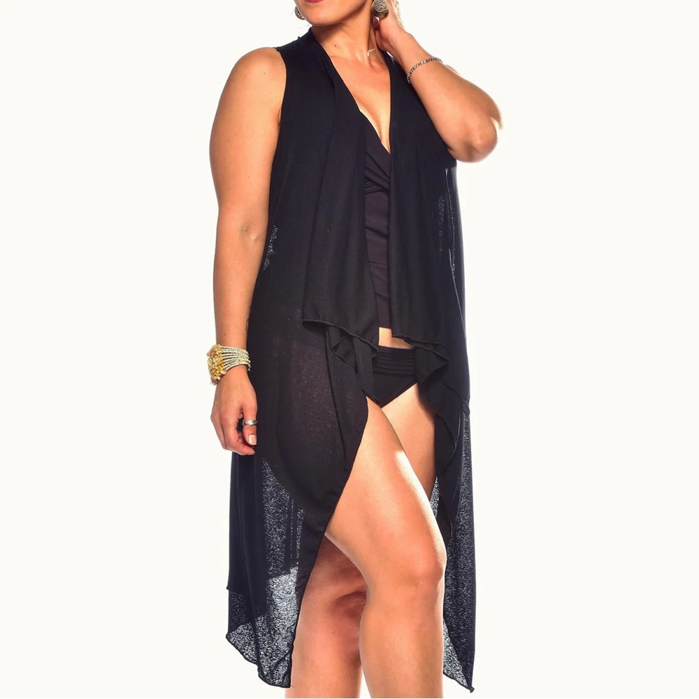 Rapz gothic ruffle lettuce hem sheer open front vest cover up swim beach